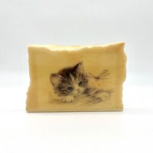 Vintage Kitten Dragonfly Stone Block Paperweight‎ Desk Decor Cute Cat Art